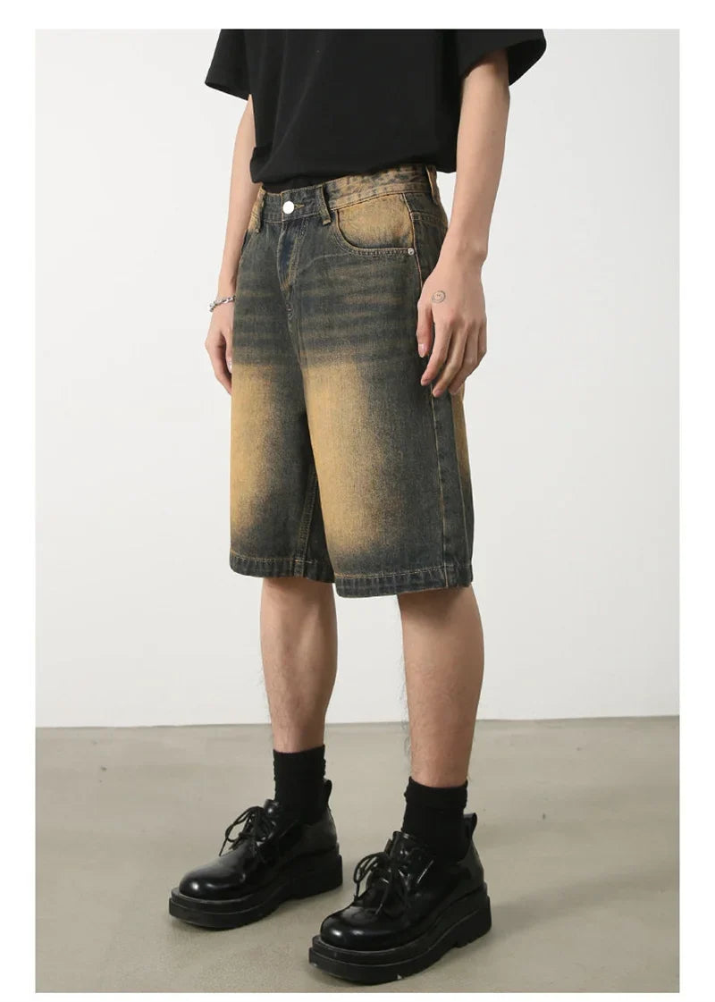 Summer Retro Washed Distressed Baggy Jorts Men's High Street Fashion Straight Jeans Shorts Y2K Casual Blue Denim Short Pants