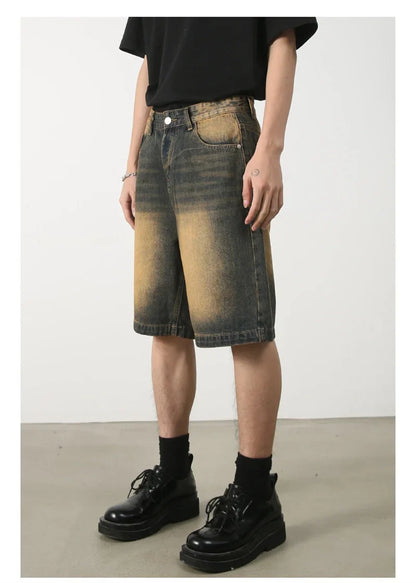 Summer Retro Washed Distressed Baggy Jorts Men's High Street Fashion Straight Jeans Shorts Y2K Casual Blue Denim Short Pants