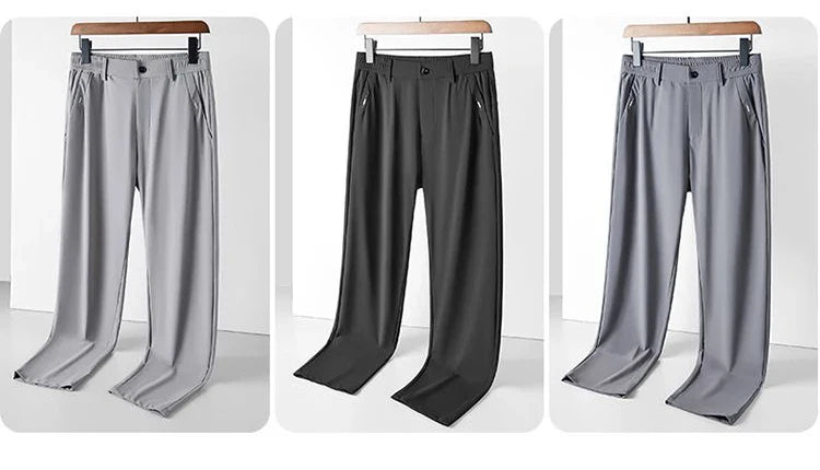 High Elastic Ice Silk Casual Pants Men's Spring Summer Ultra-thin Quick Drying Soft Breathable Business Straight Gray Trousers