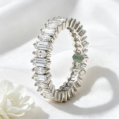 18k Plated 2*4mm Full Moissanite Rings for Women Emerald Cut Full Eternity Band S925 Sterling Silver Pass Diamond Tester