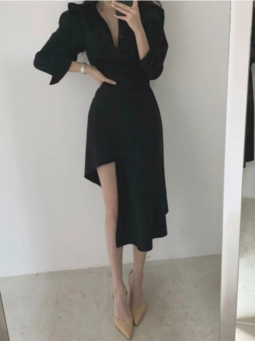 Early Autumn Shirt Dress Women's Mid-Length Asymmetrical Single-Button Notch Collar Slimming Style Commute Fashion