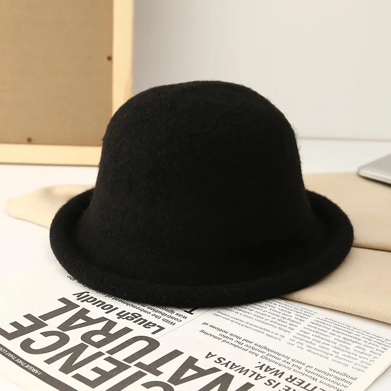 Women Hat Winter Wool Knitted Fedora Small Topper Hat Casual Ladies Solid Color British Top Hat Rolled Brim Official Website