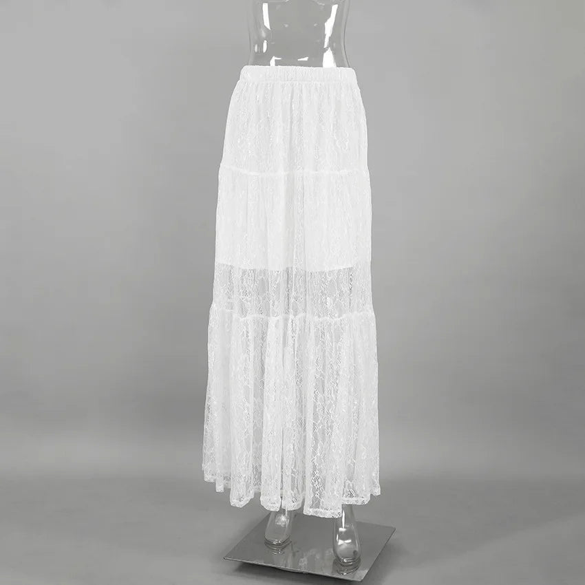 Lace Jacquard Transperant Skirt Women Summer New High Waist Sexy Casual Long Skirts 2025 Streetwear Fashion White Maxi Skirt