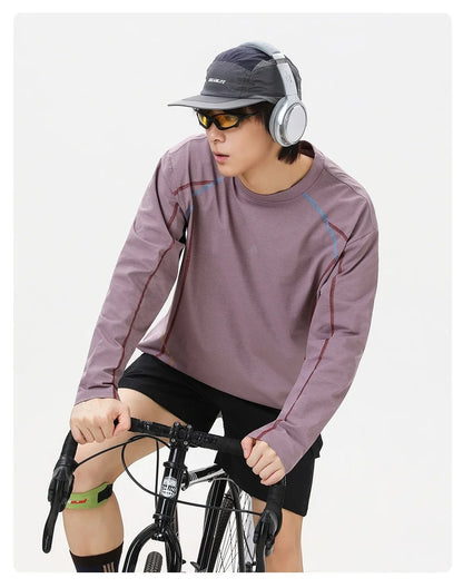 Men's Cool-Touch Contrast Stitch Long Sleeve T-Shirt – Loose Fit Moisture-Wicking Athletic Top for Autumn & Summer Sports