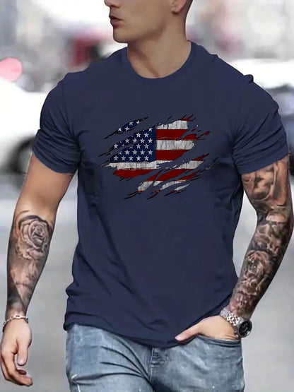 Men's Summer Casual Loose Size 100% Cotton Trendy American Flag Pattern Print Round Neck Short Sleeve T-shirt Top