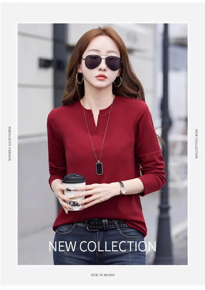 Spring and Autumn All Seasons Women's Long sleeved T-shirt Wine Red Pure Cotton New Fashion Large V-neck Slim fit Casual Top 3XL
