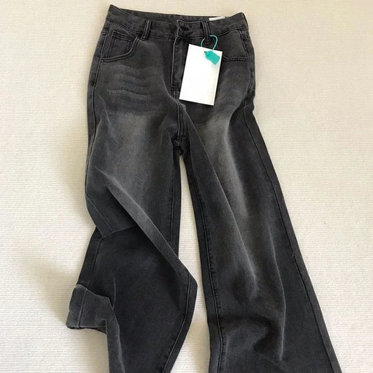 Lady Retro Black Gray High Waist Jeans Pants Women Fashion Straight Leg Denim Trousers Girls Loose Fit Thin Casual Pants