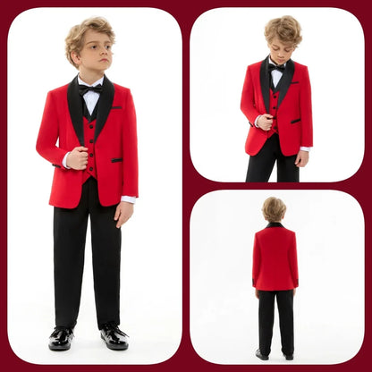 Boys' Formal Red  Black Tuxedo Suit with Black Bow Tie Elegant Flower Boy Outfit Weddings Kids' Formal Events  Special Occasions