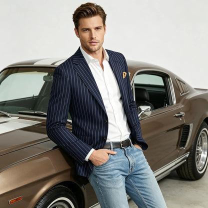 Men's Pinstripe Blazer Jacket Casual Slim Fit Striped Blazer With Patch Pocket For Business Casual Wedding Daily Wear