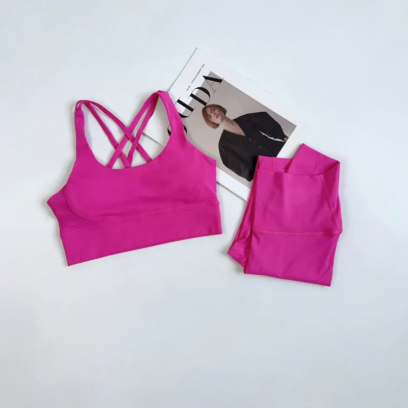 2 Pieces Yoga Set Women Gym Set Workout Clothes Sports Suits High Waist Leggings Cross Straps Fitness Bra Top Running Tracksuit