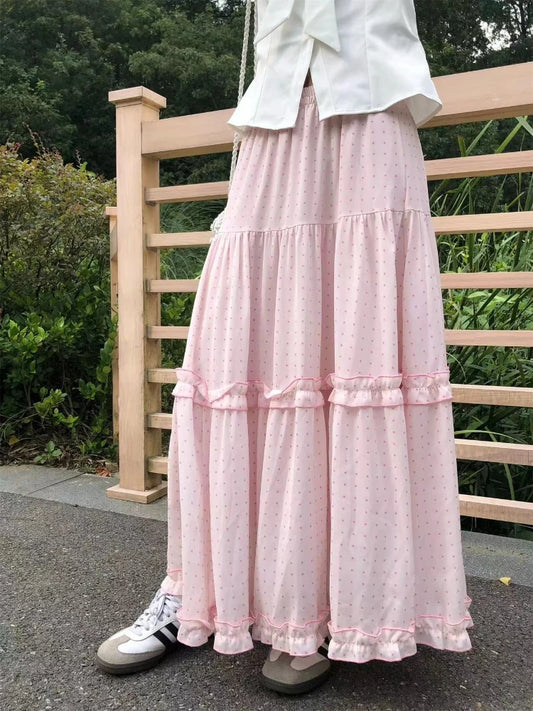 Summer Sweet Kawaii Polka Dot Skirt Women's Elegant Cute Elastic Waist Long Skirts Korean Fashion Casual Loose Clothing Chic New