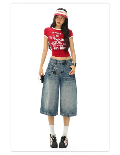 Vintage Washed Loose Straight Leg Denim Capri Men Women Lightning Print Streetwear Shorts