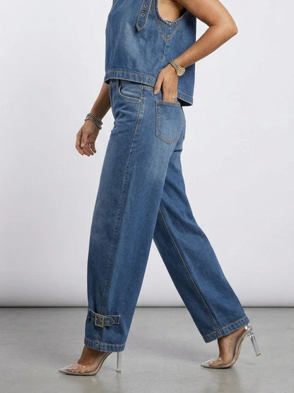 Missuoo 2026 New American Retro Women's Jeans Blue High Waist Curved Wide Leg Denim Trousers with Buckles for Street Style
