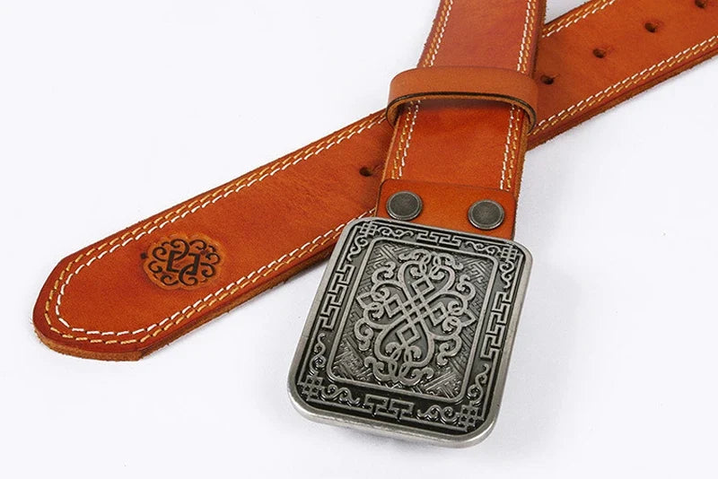 3.8cm Chinese Pattern Cowboy Smooth Buckle Men's Belt Ceinture Homme Yellow Belt Male Wide Jeans Men Genuine Leather Belt