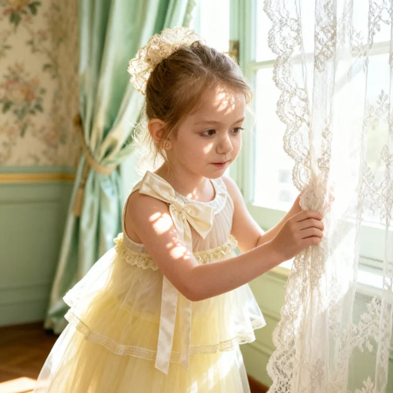 Girls Princess Dress Summer Kids French Sweet Sleeveless Bowknot Tulle Tutu Fluffy Birthday Party Pageant Dresses