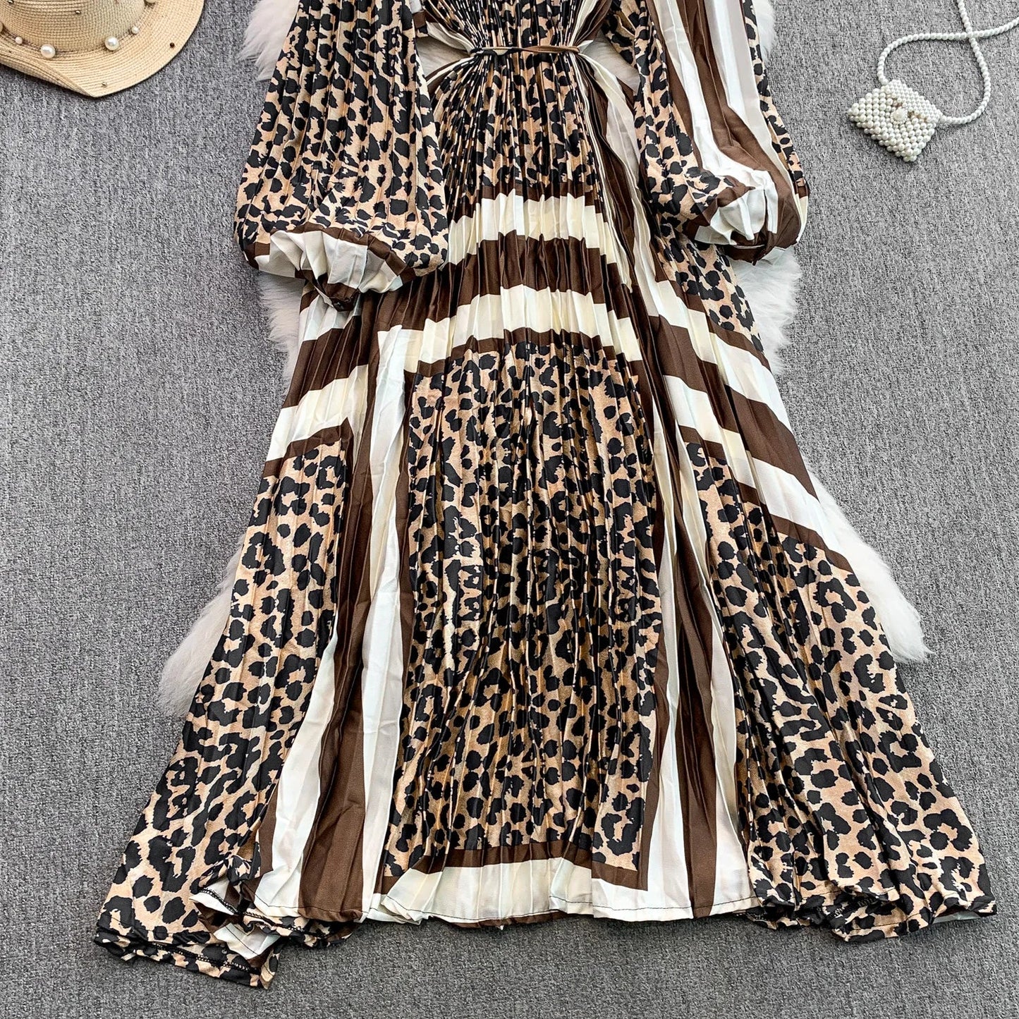Ele Printed round Ne Lantern Sve Dr Women's Single Button Waist Cinch Maxi Skirt Long Dr Commute Sle Autumn