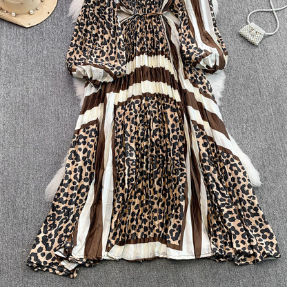 Ele Printed round Ne Lantern Sve Dr Women's Single Button Waist Cinch Maxi Skirt Long Dr Commute Sle Autumn