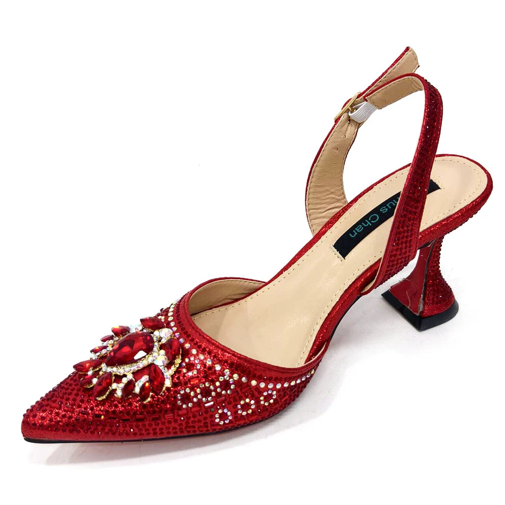 Nigerian Heel Party for Women Red Color Shoes and Bag Set Rhinestone Handbag Italian Design Wedding INS 2024