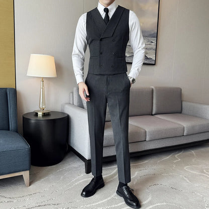 ( Vest + Pants) Double Breasted Stripe Suit Vest With Pants New Men Fashion Slim Business Casual Wedding Dress Vest 2 Pcs Sets