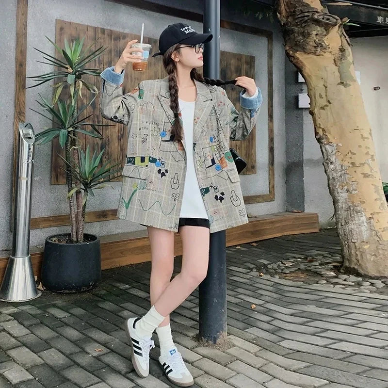 Women's Blazer Jacket 2025 Spring Autumn Fashion Graffiti Printed Ladies Lattice Suit Coat Casual Korean Version Lady Outerwear