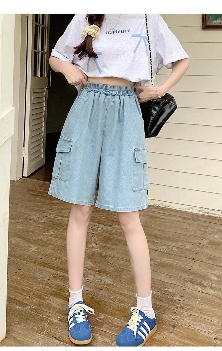 2026 Summer New Women's Denim Shorts Straight Trendy Loose Versatile Dad Shorts Thin Japanese Style Knee-length Pants