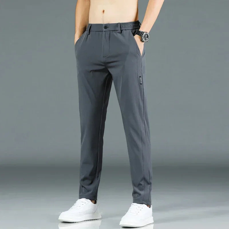 2026 Summer New Thin Ice Silk Stretch Men's Pants Casual Elastic Waist Smooth Trouser Pants Male Brand Clothing 5 Colour