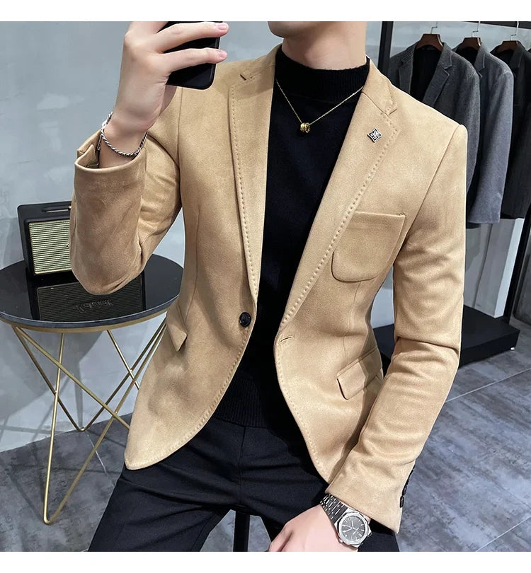 Deerskin Leather Jacket Blazer Men Casual Slim Fit Blazer Hombre Suit Leather Jacket Men Terno Masculino Men Clothing 6 Color