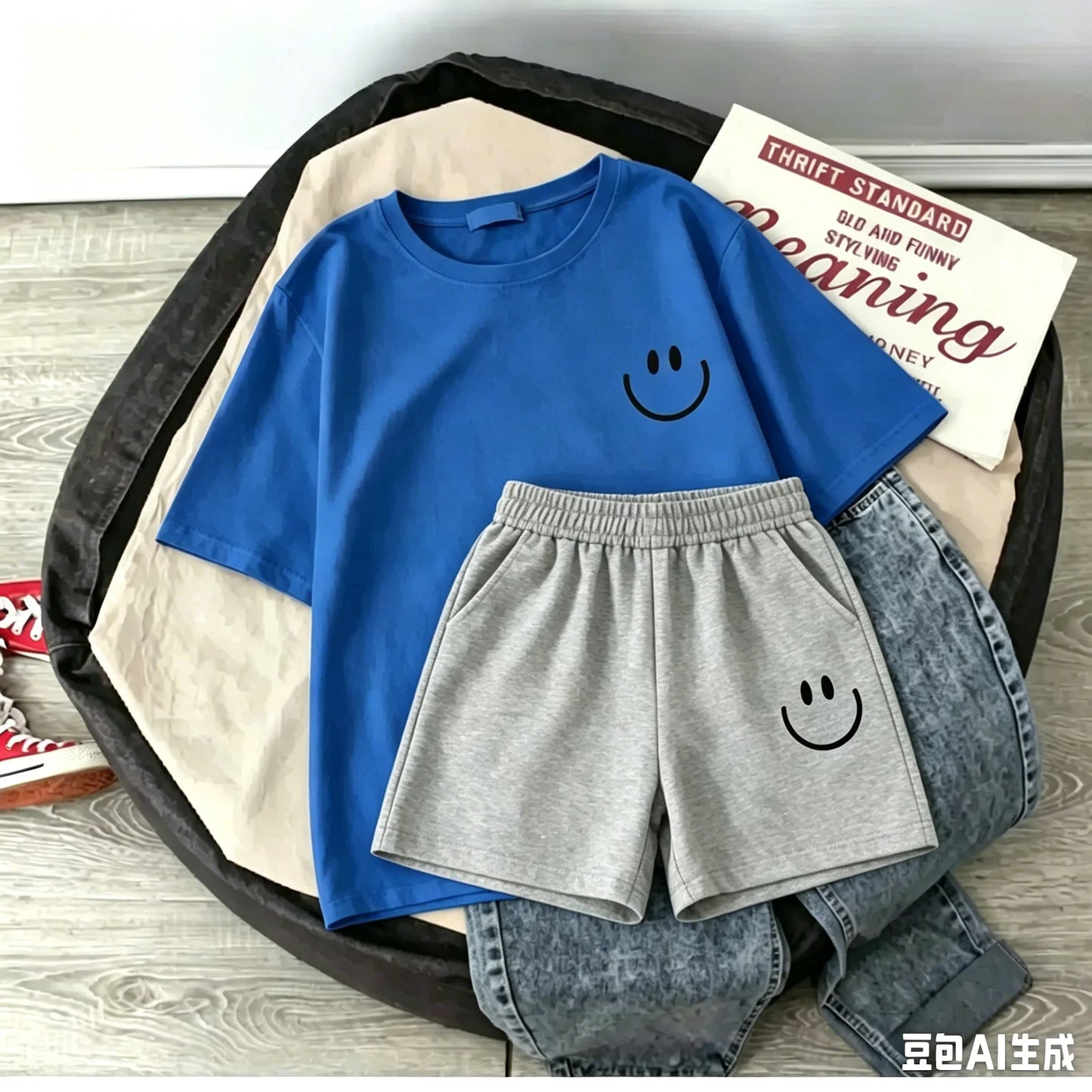 2026 New Summer Smiling Face Print Kids T-shirt Set Short-sleeved Pure Cotton Loose Basic Versatile Cool Simple Kids Outfit Tops