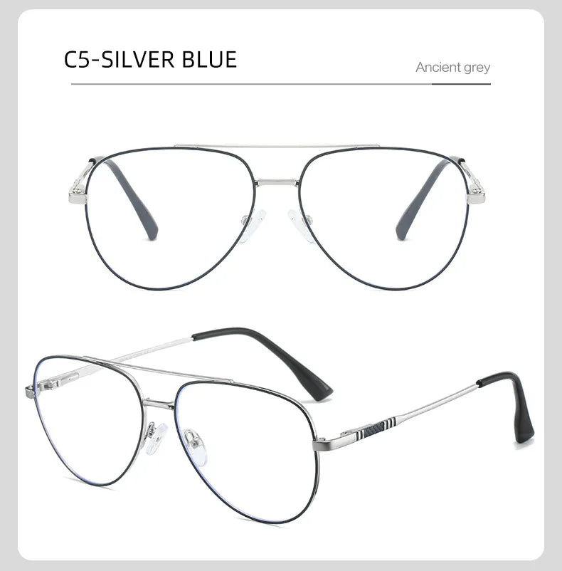 Double Bridge Anti-Blue Light Reading Glasses Men's Metal Pilot Style Leisure Travel Customized Prescription Myopia RS6912