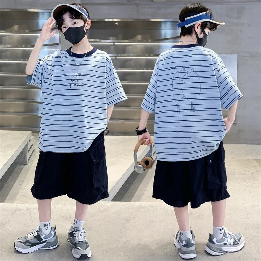 2026 Kids Top and Bottom Clothes Summer Set For Tweens Boys Casual Striped Tracksuit Outfit Children Cargo Clothing 2PCS Suit