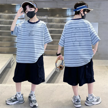 2026 Kids Top and Bottom Clothes Summer Set For Tweens Boys Casual Striped Tracksuit Outfit Children Cargo Clothing 2PCS Suit