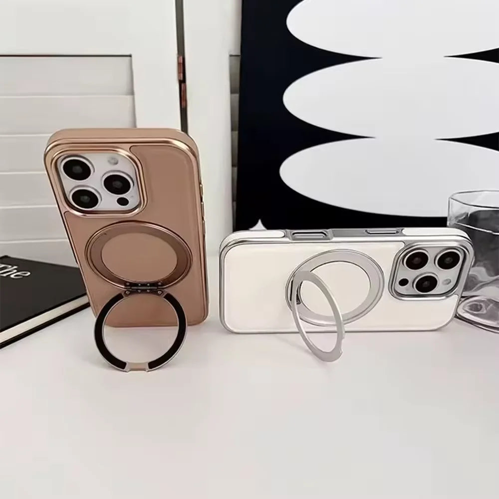 Business Plating Frame 360 Alloy Stand Holder Leather Magnetic Case For iPhone 16 15 14 13 Pro Max Shockproof Cover For Magsafe