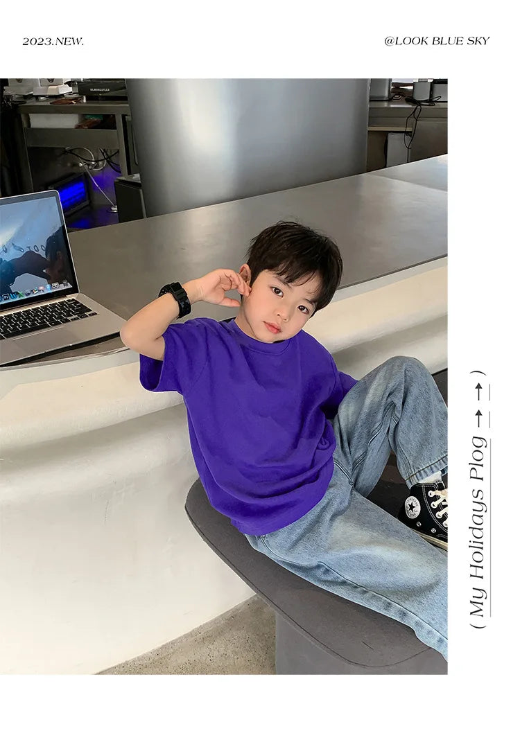 Summer Casual School Kids Cotton Plain Tee Tops Baby and Boys Short-Sleeved T-Shirt Children Outfit Clothing 1-16 Years