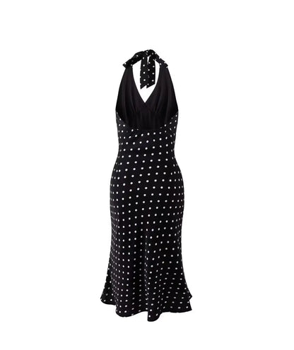 2024 Summer New Women's French European and American Wave Point Sleeveless Hanging Neck Printed Temperament Strap Dress