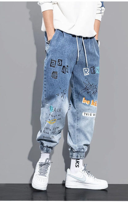 Printing Jeans Men's Gradient Hip Hop Trousers Harem Cartoon Loose Casual Ankle Banded Pants Cargo Denim Jeans Fashion
