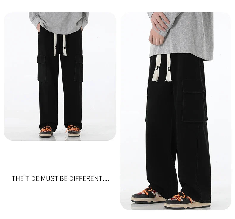 2024 New Men Baggy Cargo Jeans Fashion Streetwear Vintage Wide Leg Pants American Streetwear Y2K Big Pocket Youth Overalls
