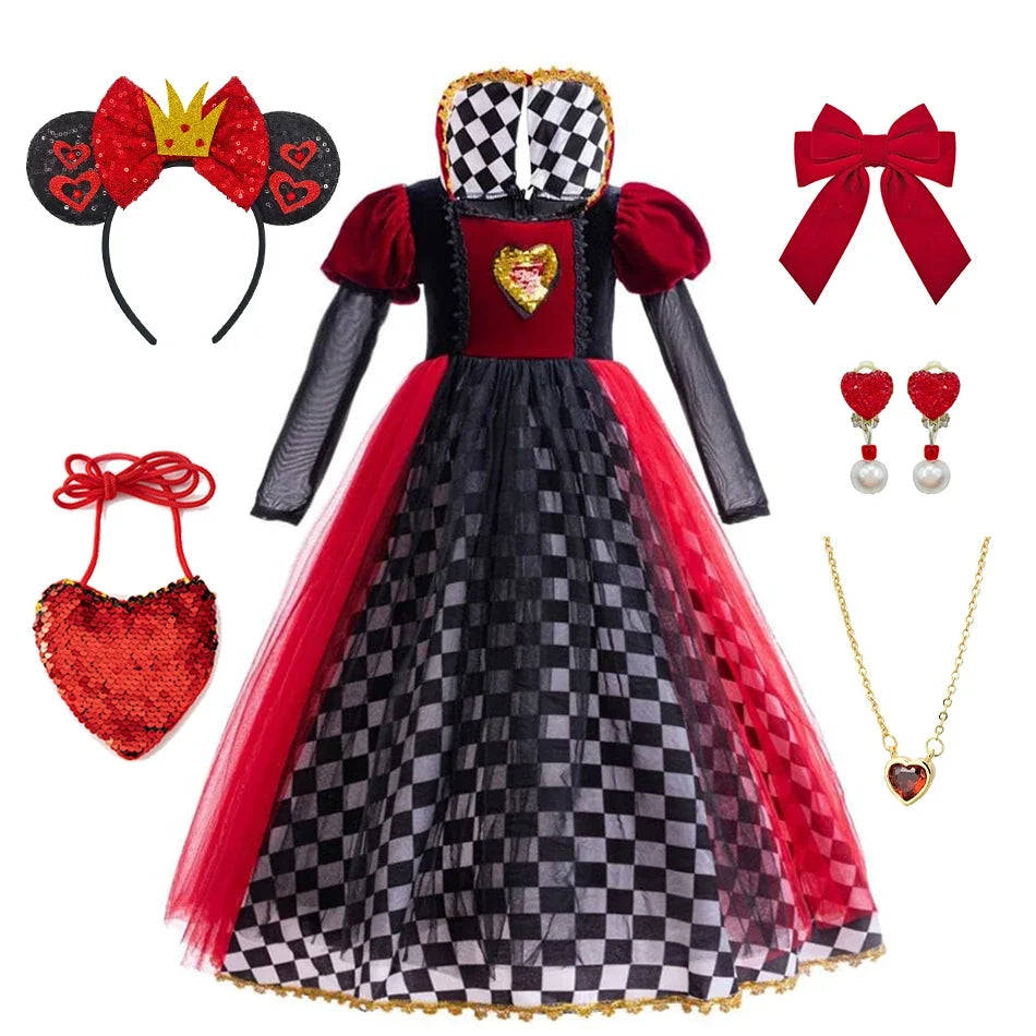 Girls Halloween Party Cosplay Red Queen Gown Clothes Kids Witch Long Sleeves Carnival Outfits Children Masquerade Fancy Costumes