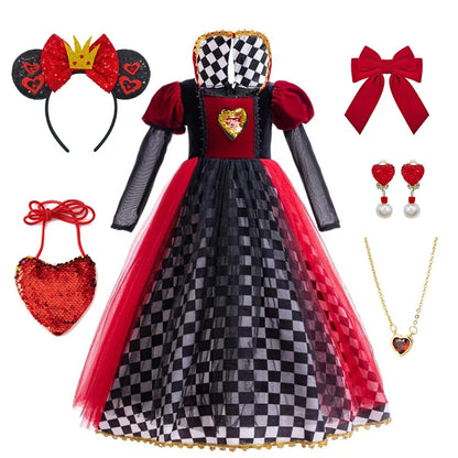 Girls Halloween Party Cosplay Red Queen Gown Clothes Kids Witch Long Sleeves Carnival Outfits Children Masquerade Fancy Costumes