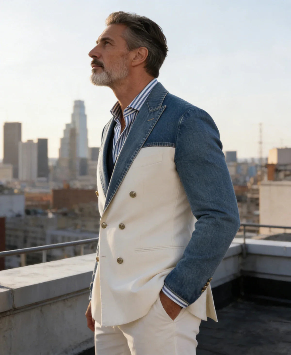 Men's Blazer Denim Sleeve Patchwork Double Breasted Suits Coats Casual Business Fashion Jacket for Spring Autumn Wedding Party