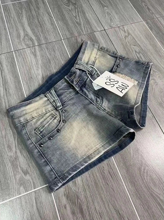 Vintage Y2k Denim Shorts Women Sexy Blue Gothic Low Waist Shorts Female Punk Retro Summer Streetwear Short Jeans Slim Up