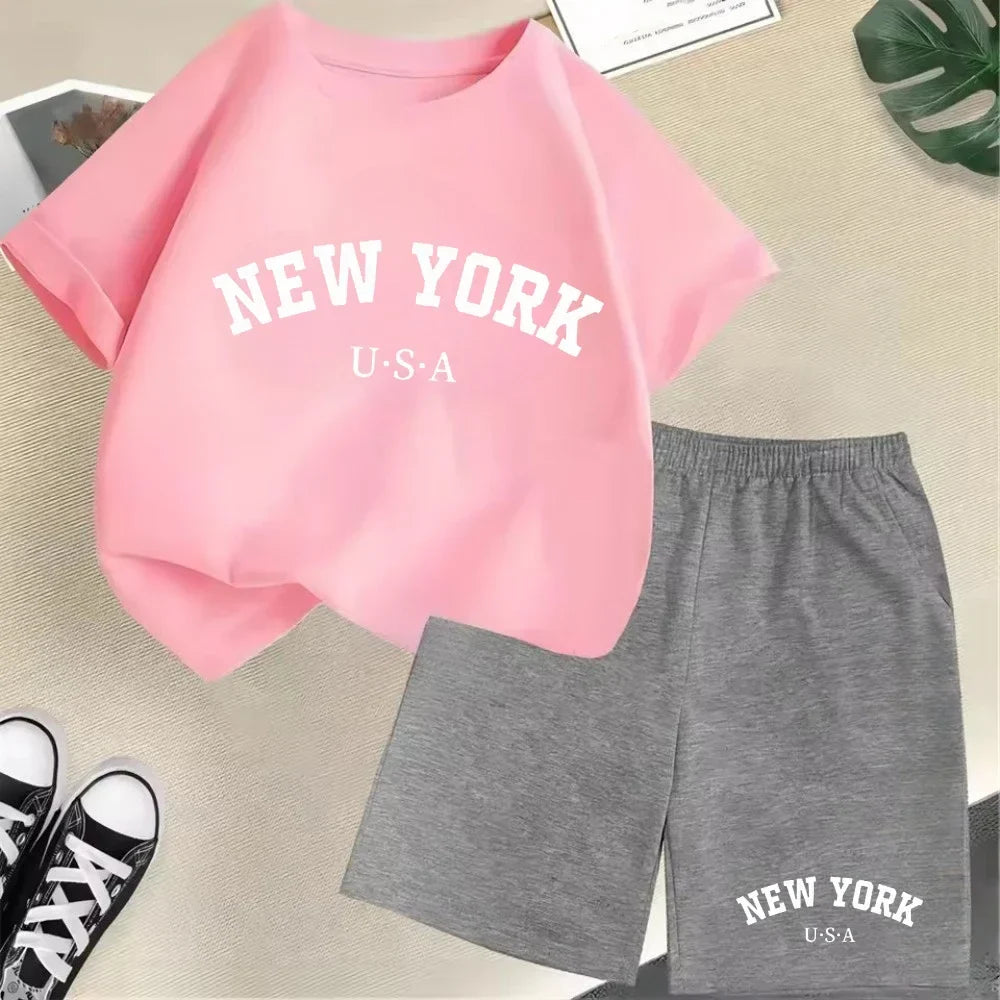 2026 New Kids Boys Girls New York Letter Pattern Cotton T-shirt+Shorts 2-Piece Set Casual Daily