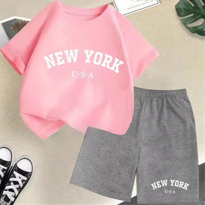 2026 New Kids Boys Girls New York Letter Pattern Cotton T-shirt+Shorts 2-Piece Set Casual Daily