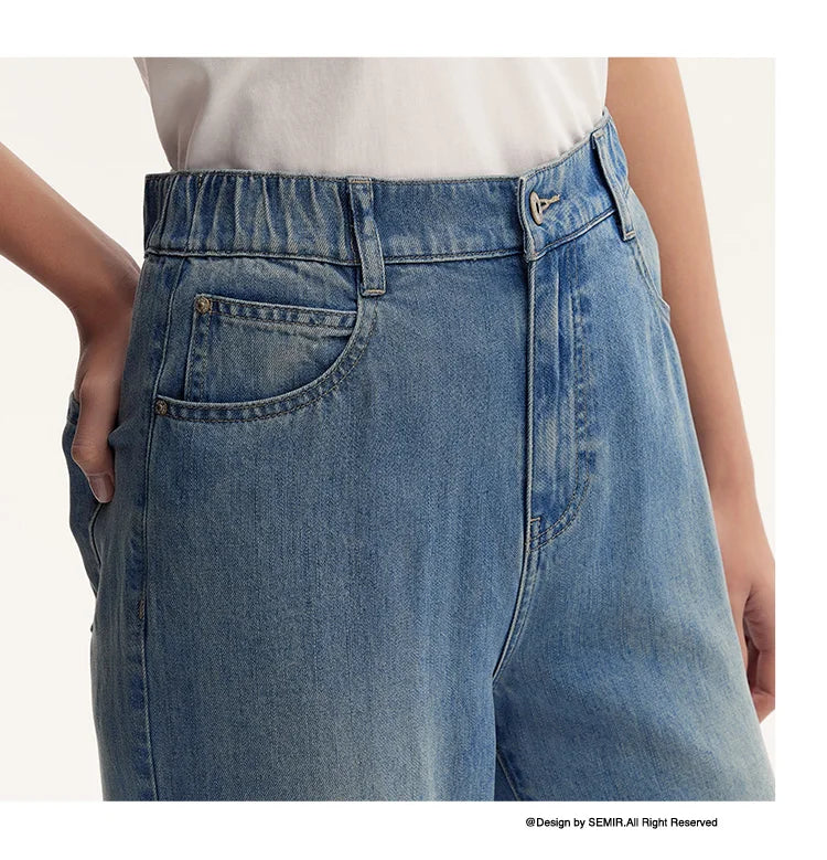 Semir Jeans Women Elastic Waist Long Trousers 2025 New Summer Version Cool Feeling Wide-leg Trousers