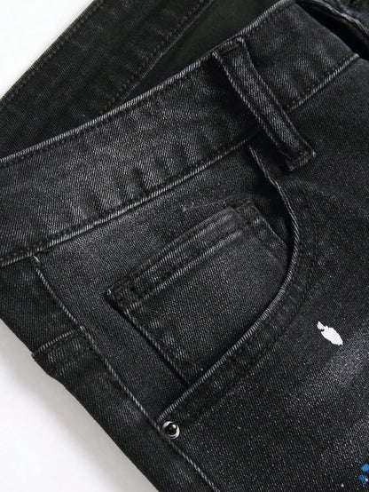 Men y2k Stretchy Skinny Denim Jeans For Men Casual pants Ripped Patchwork Hole Slim Fit Denim Hip Hop Black Straight Trousers