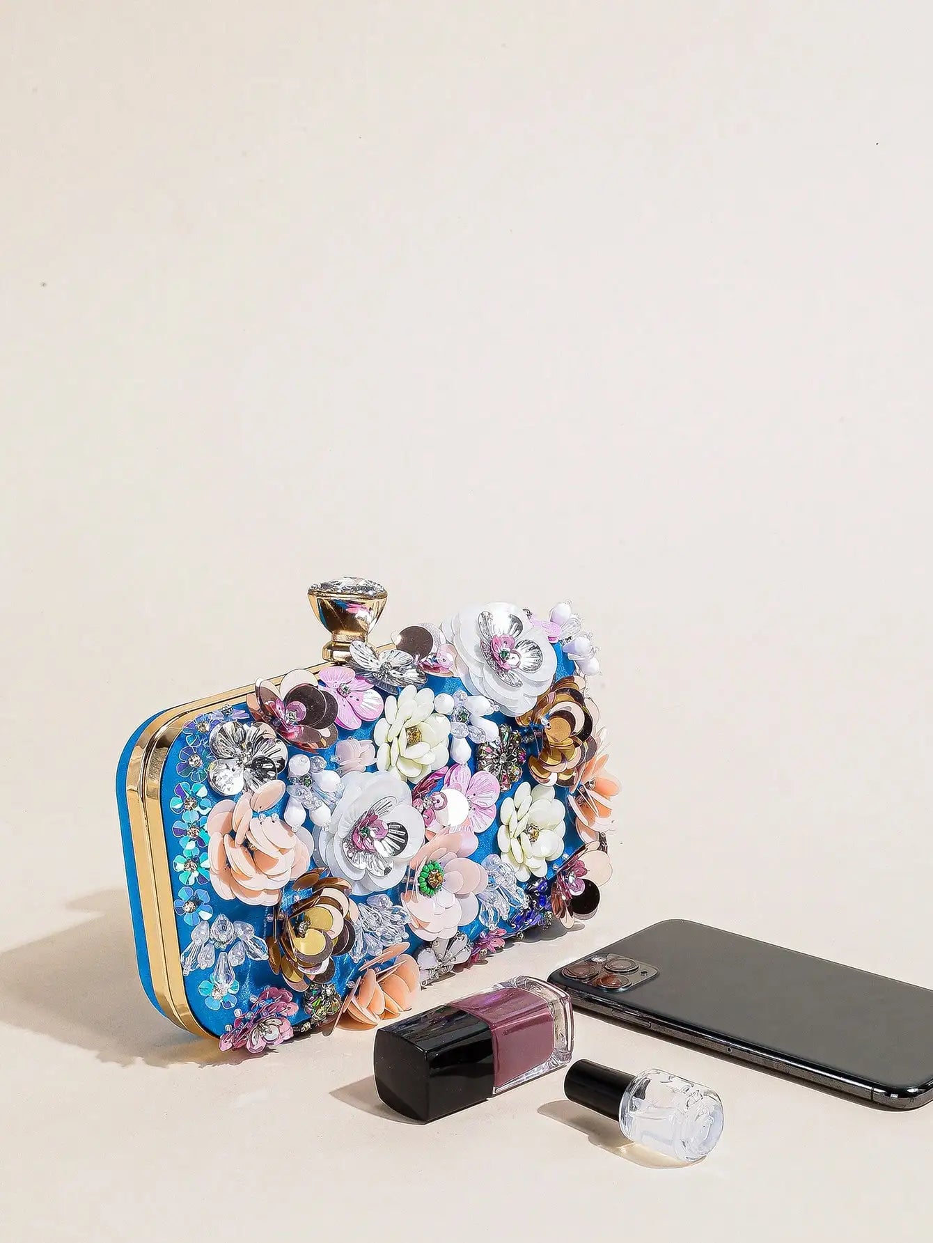 I PC Black Elegant Floral Beaded Clutch, classic Banquet Purse,Women's Fashion Evening Bag Foren Wedding Party Prom