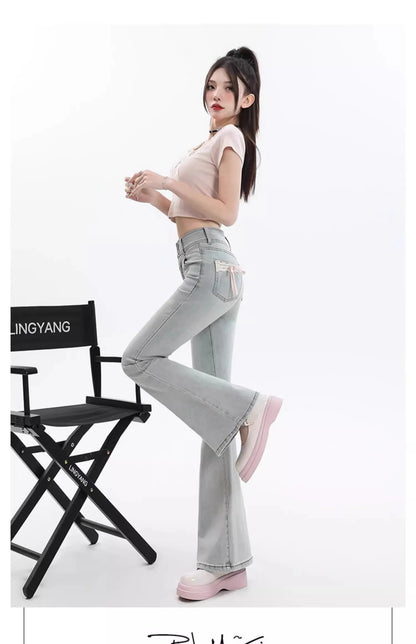 High Waist Bell Bot Denim Jeans Women's Light Color Peach Butt Design Slimming Fitted Floor Length  Hoof Pants