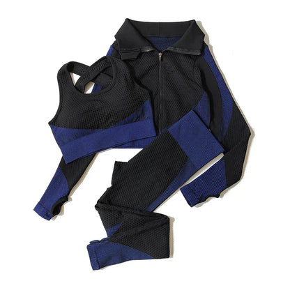 2/3Pcs Women Yoga Suit Seamless Knitted Yoga Pants Leggings Clothing Zipper Long Sleeve Crop Top Fitness Wear Sportswear Gym Set