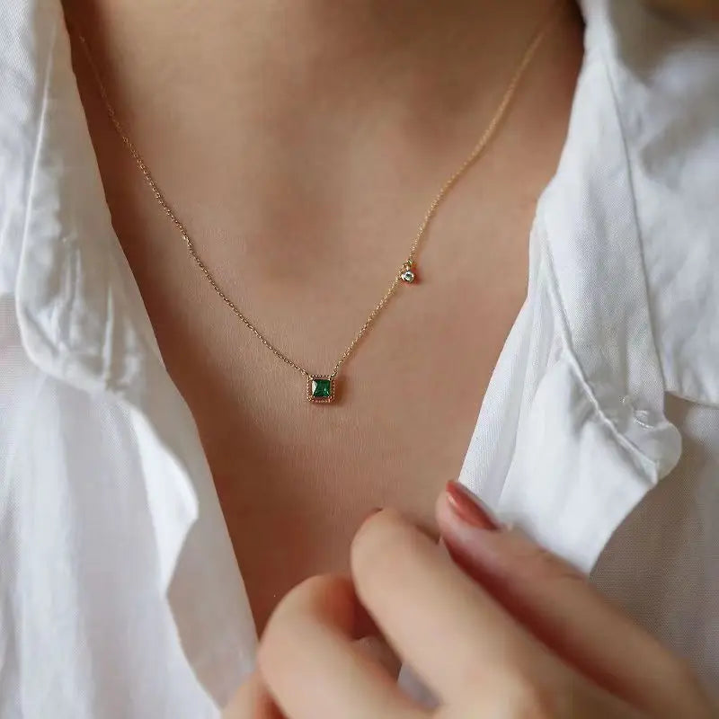 S925 Sterling Silver Simple Emerald Crystal Chain  Necklace  Women Light Luxury Temperament Plating 18k Gold Jew   style
