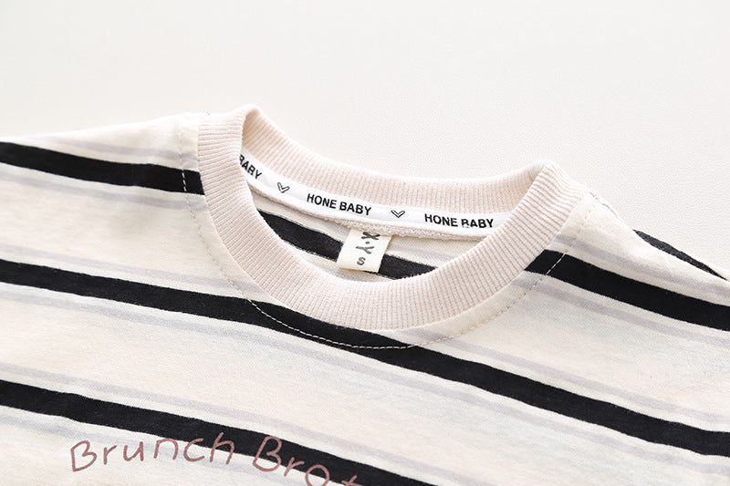 Boys Striped Casual Outfit Round Neck T-shirt & Shorts Kids Summer Clothes Sets