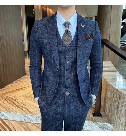 Men's Suit 3 Piece, Business Casual Jacket Vest with Trousers, Gray Dark Brown Slim Fit Suit, Asian Size M-5XL